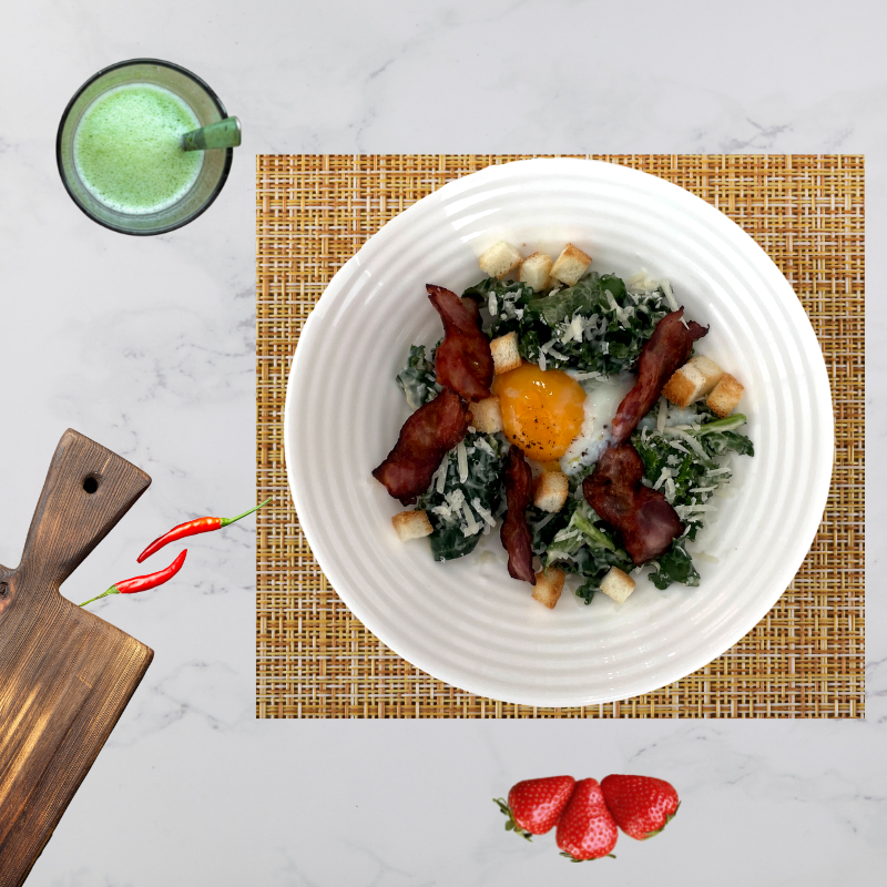 Kale Caesar salad with Crispy Bacon and Egg Onsen